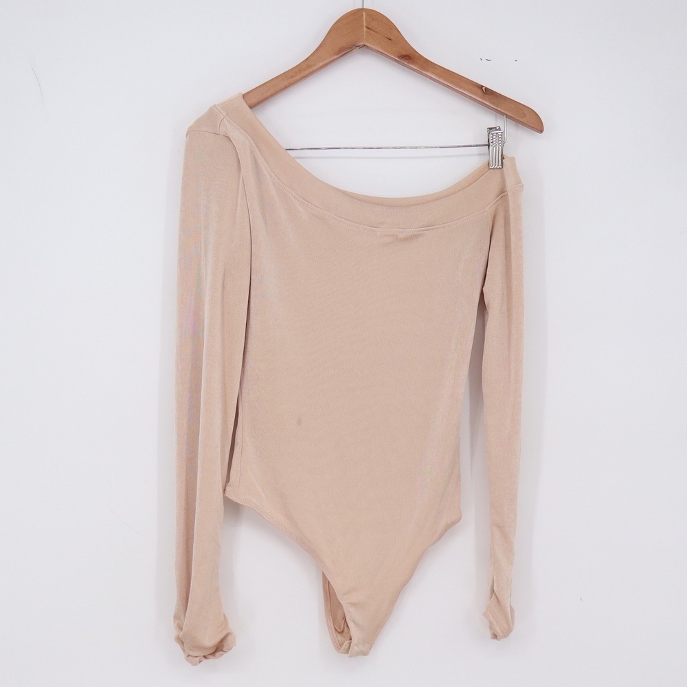 Free People Bodysuit Womens M One Shoulder Beige Ribbed Long Sleeve Good